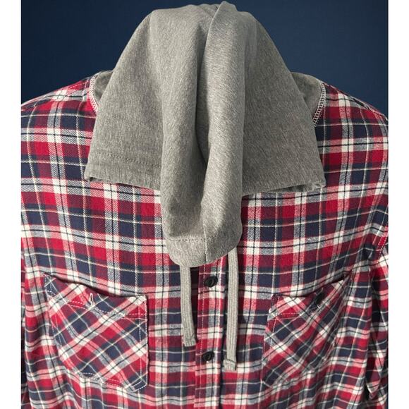 New UNIONBAY Men’s XL Flannel Shirt Hoodie Red Plaid Button Down Long Sleeve - Picture 3 of 12